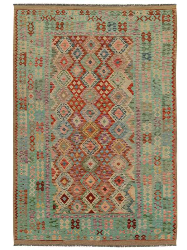 Tappeto contemporaneo kilim maimana con motivi decorativi geometrici e dettagli geometrici sullo spesso bordo