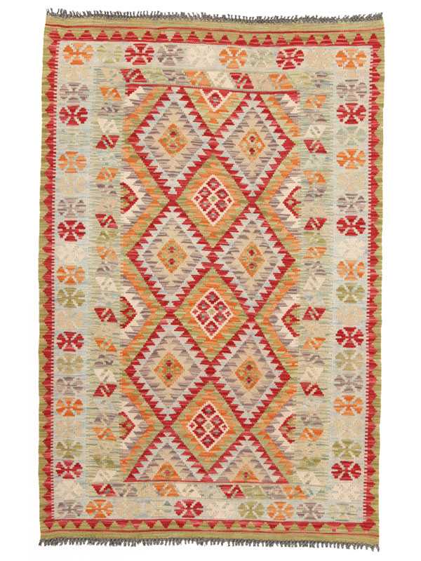 Tappeto contemporaneo kilim maimana con motivi decorativi geometrici e dettagli floreali stilizzati sullo spesso bordo