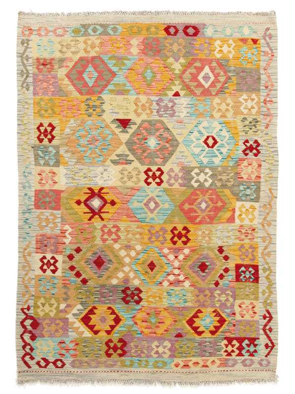 Tappeto contemporaneo kilim maimana con decorazioni a fasce e motivi uncinati multicolori