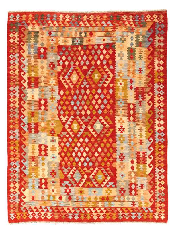Tappeto contemporaneo kilim maimana con motivi decorativi geometrici a rombo sul campo rosso e spesso bordo con dettagli floreali stilizzati e uncinati