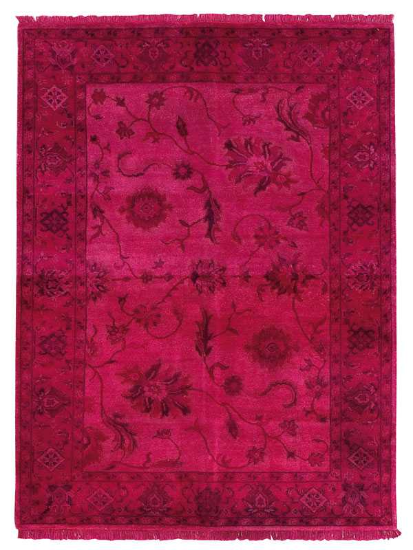 Tappeto contemporaneo Recolor fucsia, con motivi decorativi classici floreali e spesso bordo