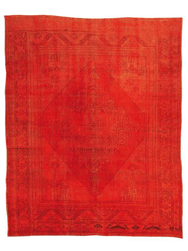 Tappeto contemporaneo vintage rosso con medaglione centrale classico e spesso bordo