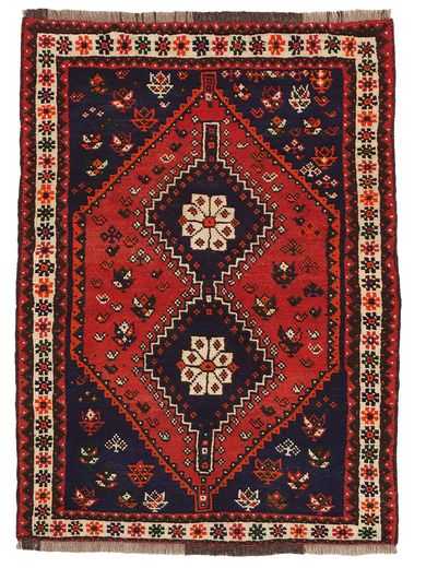 tappeto persiano shiraz con doppio medaglione centrale geometrico e lineare, con decorazioni floreali astratte su sfondo rosso e blu