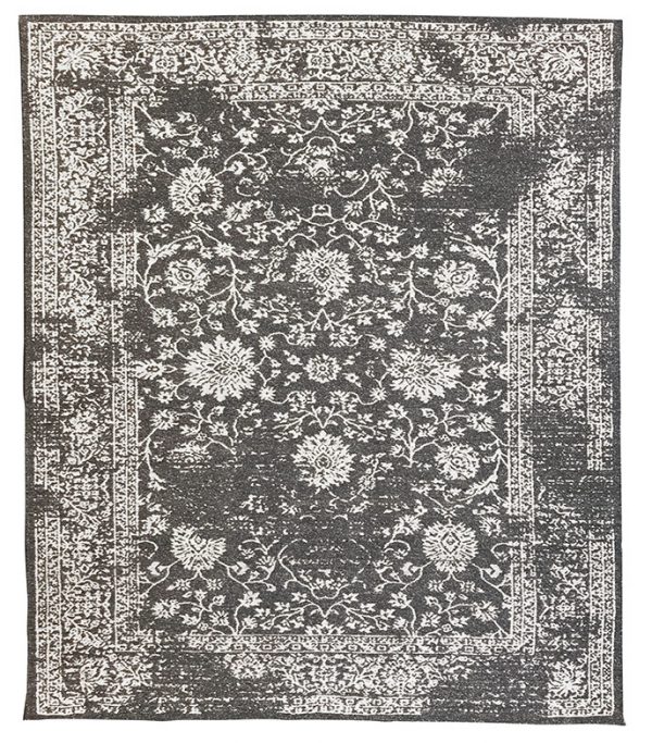 Tappeto kilim contemporaneo Artorient della collezione Arazi Home Toledo, a tessitura piatta, di poliestere riciclato su supporto di tela in cotone, grigio scuro con decorazione floreale classica bianca
