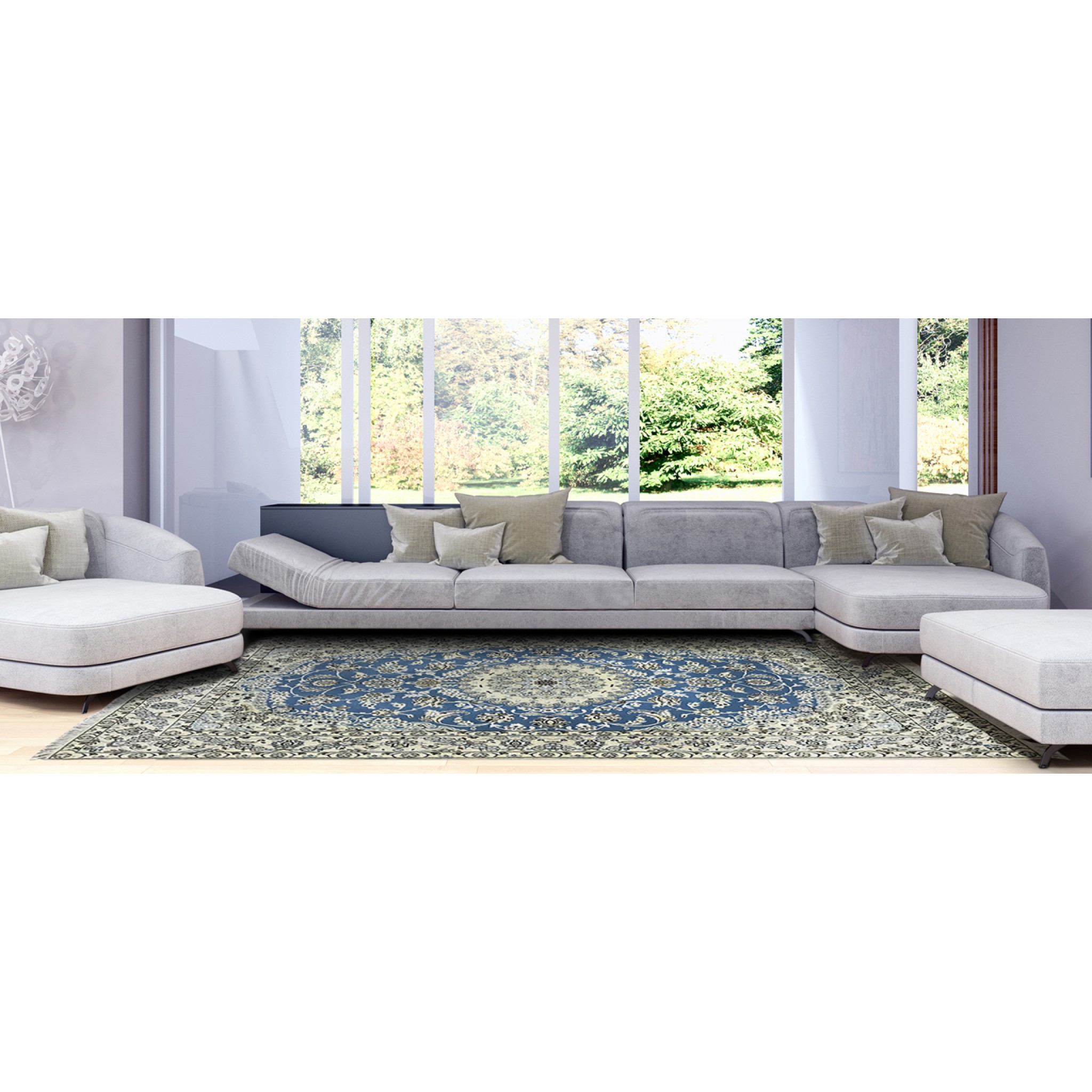 tappeto persiano nain nola azzurro e bianco con medaglione centrale e intricati dettagli floreali sotto divano a penisola moderno
