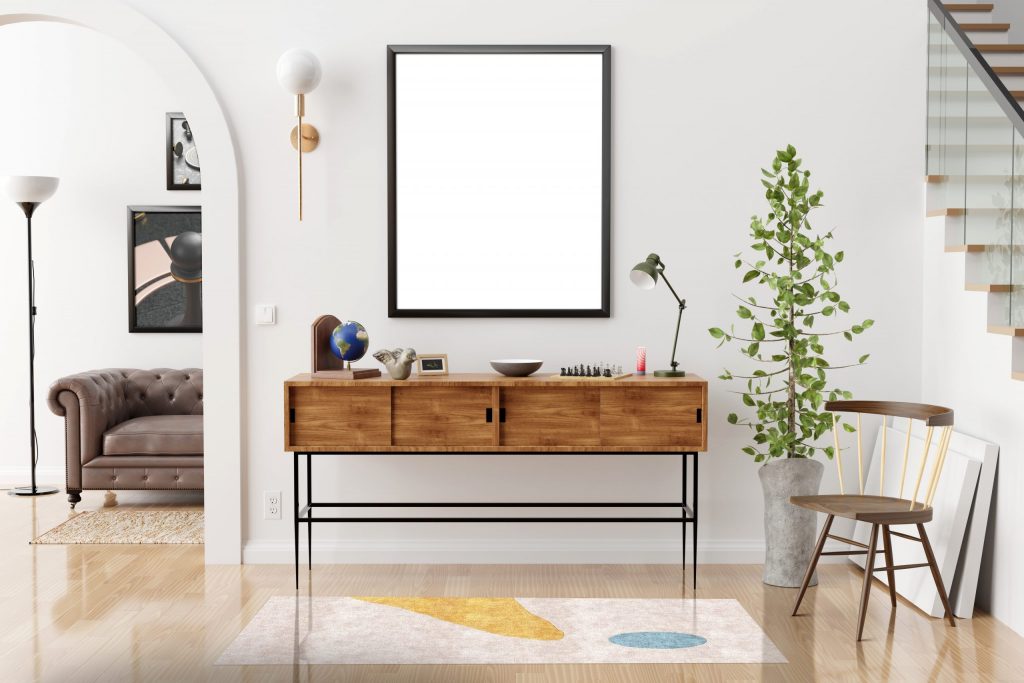 Tappeto Moderno a fantasia astratta bianco, giallo e azzurro in sala da pranzo moderna e minimalista
