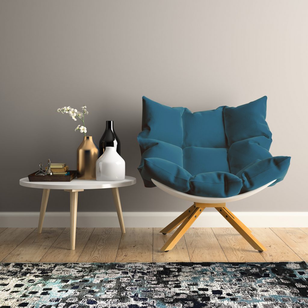 Tappeto moderno Arazi Toledo con fantasia geometrica astratta, nero, grigio e azzurro in salotto vintage