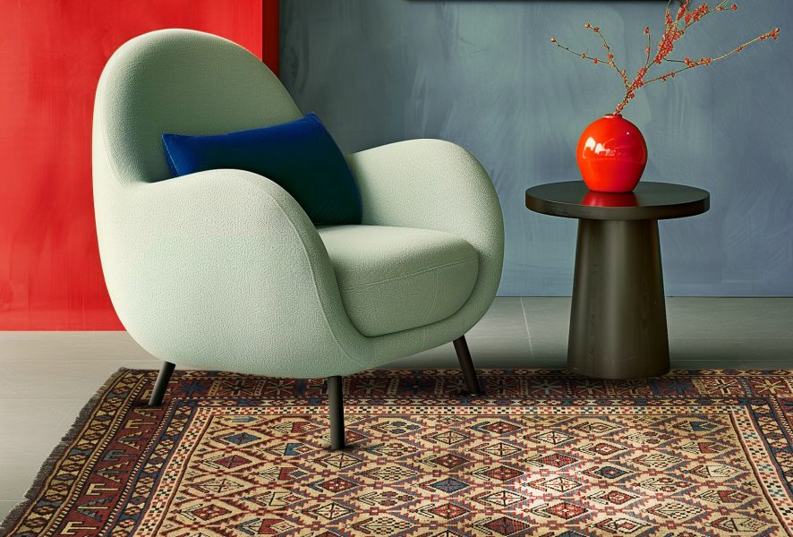 tappeto persiano antico con motivi geometrici su sfondo beige sotto poltrona di design moderno in pelle bianca, con un tavolino moderno sotto vaso rosso di design, e parete rossa alle spalle della poltroncina. Forte illuminazione di charme