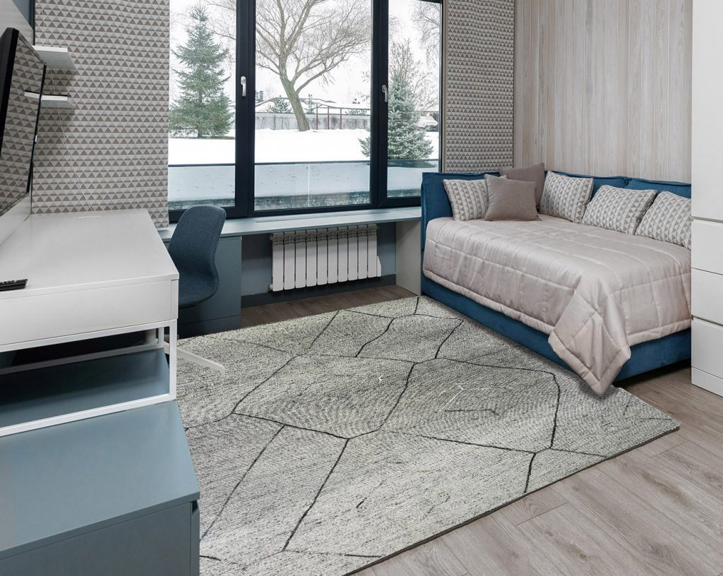 tappeto contemporaneo grigio in camera da letto moderna minimalista