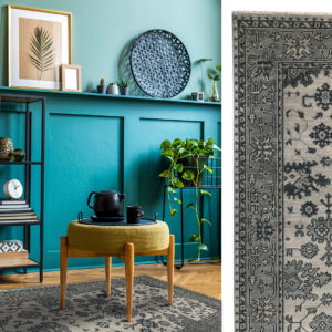 tappeto decorativo vintage in soggiorno moderno con boiserie